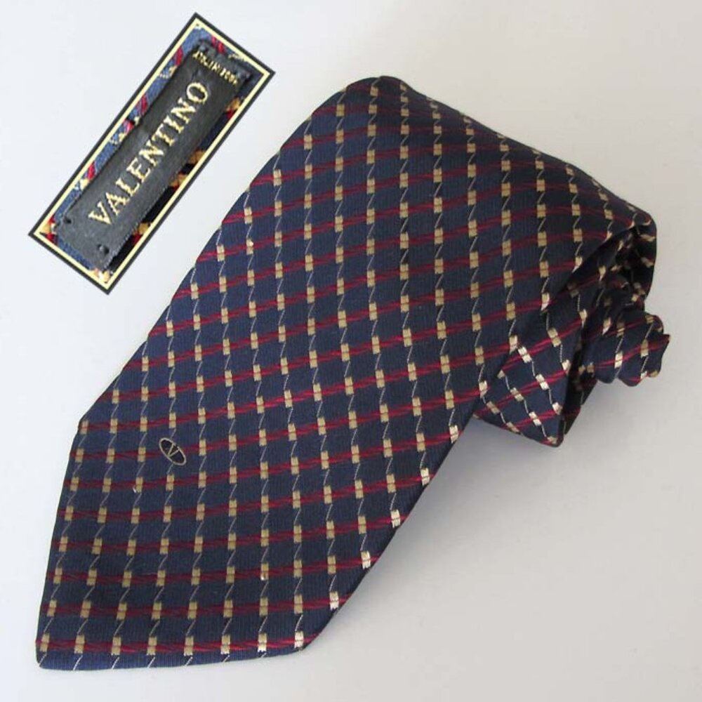 VALENTINO navy/burgundy/gold geometric print neck tie Italy